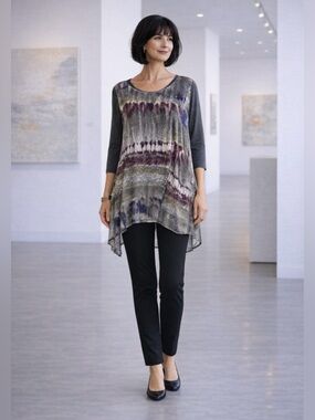 John Mark Layered Tunic Top M Asymmetrical Boho Gray Burgundy w/ Tank